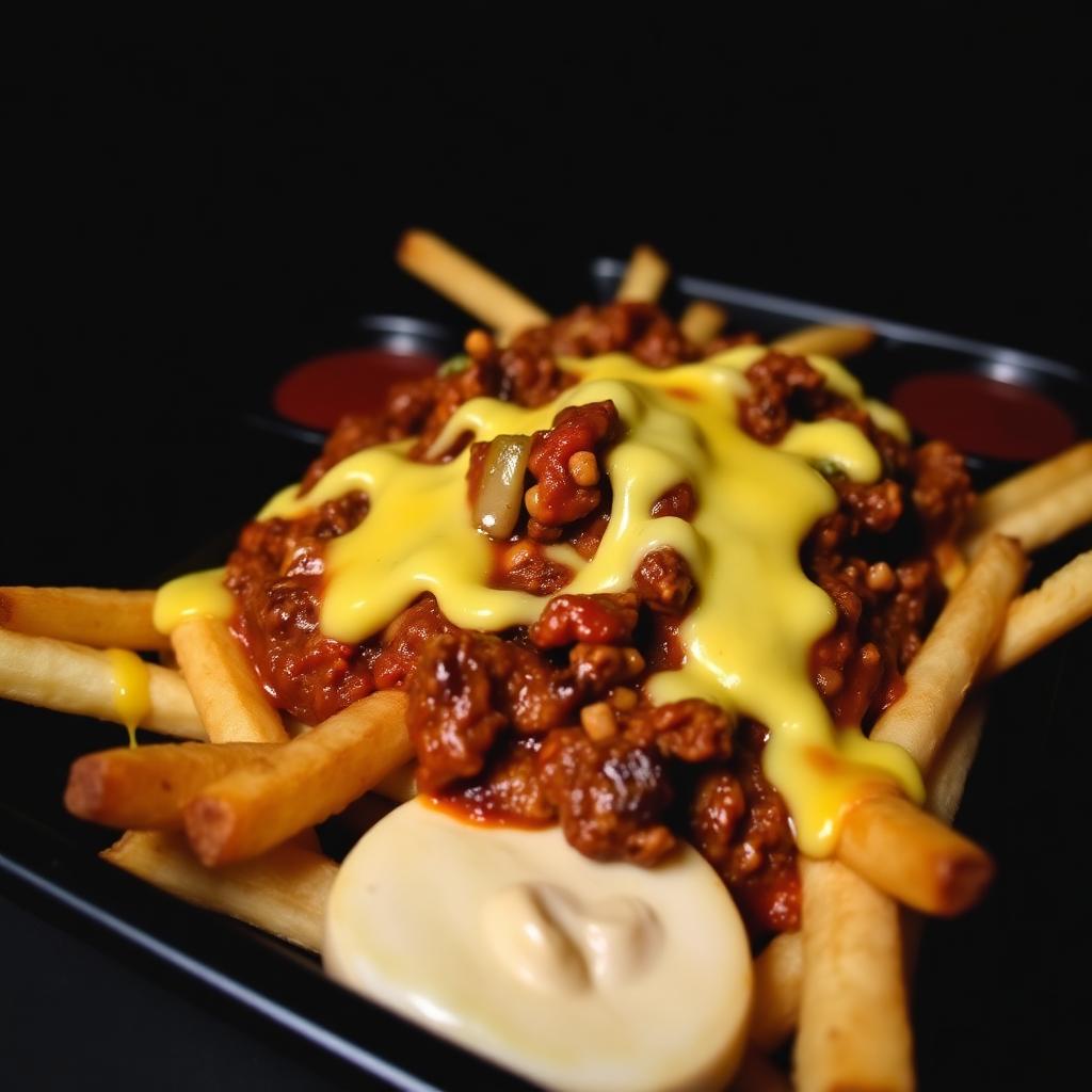 Loaded fries covered in cheese sauce and chilli beef