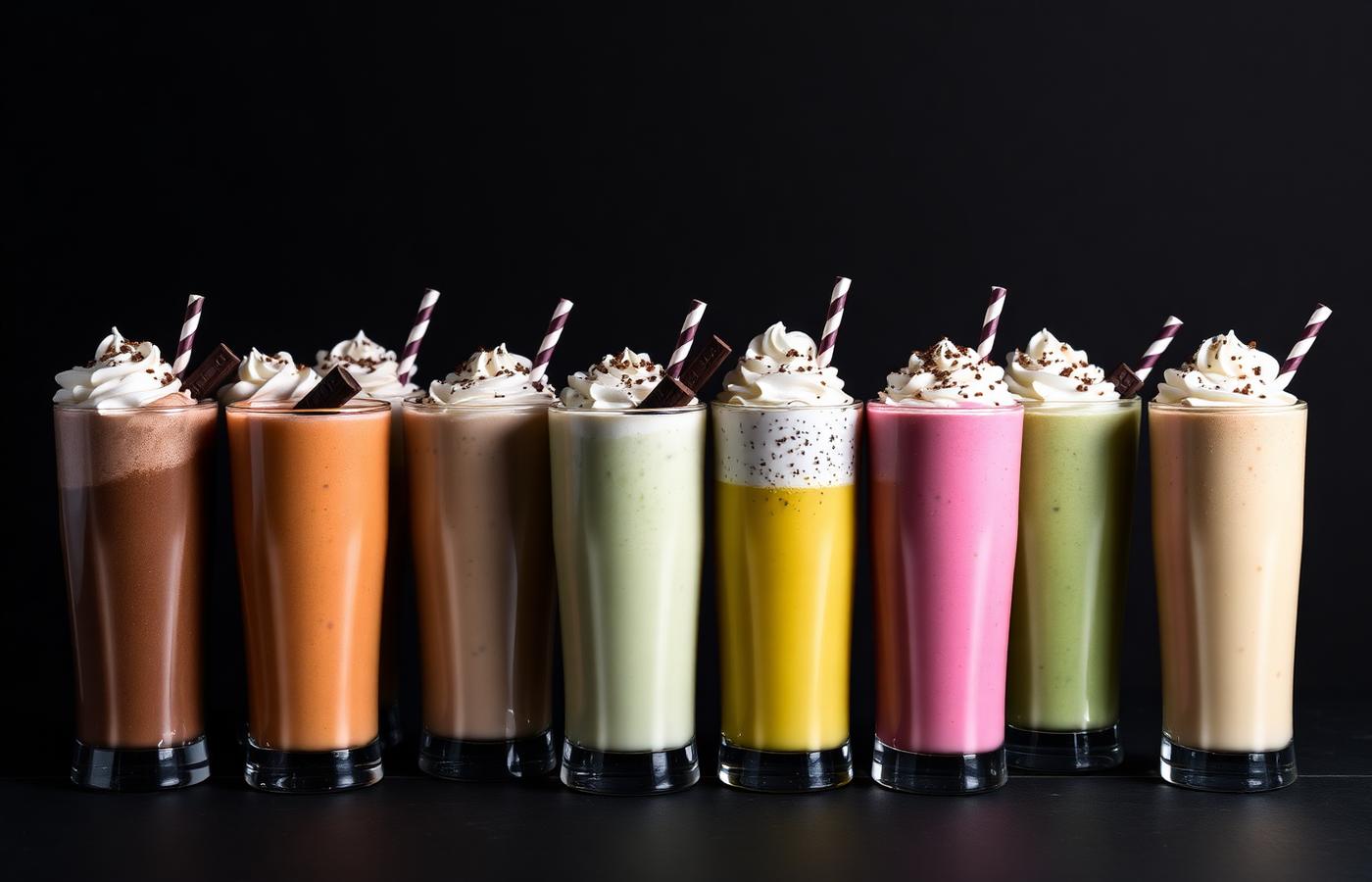 Row of thick milkshakes topped with whipped cream and chocolate