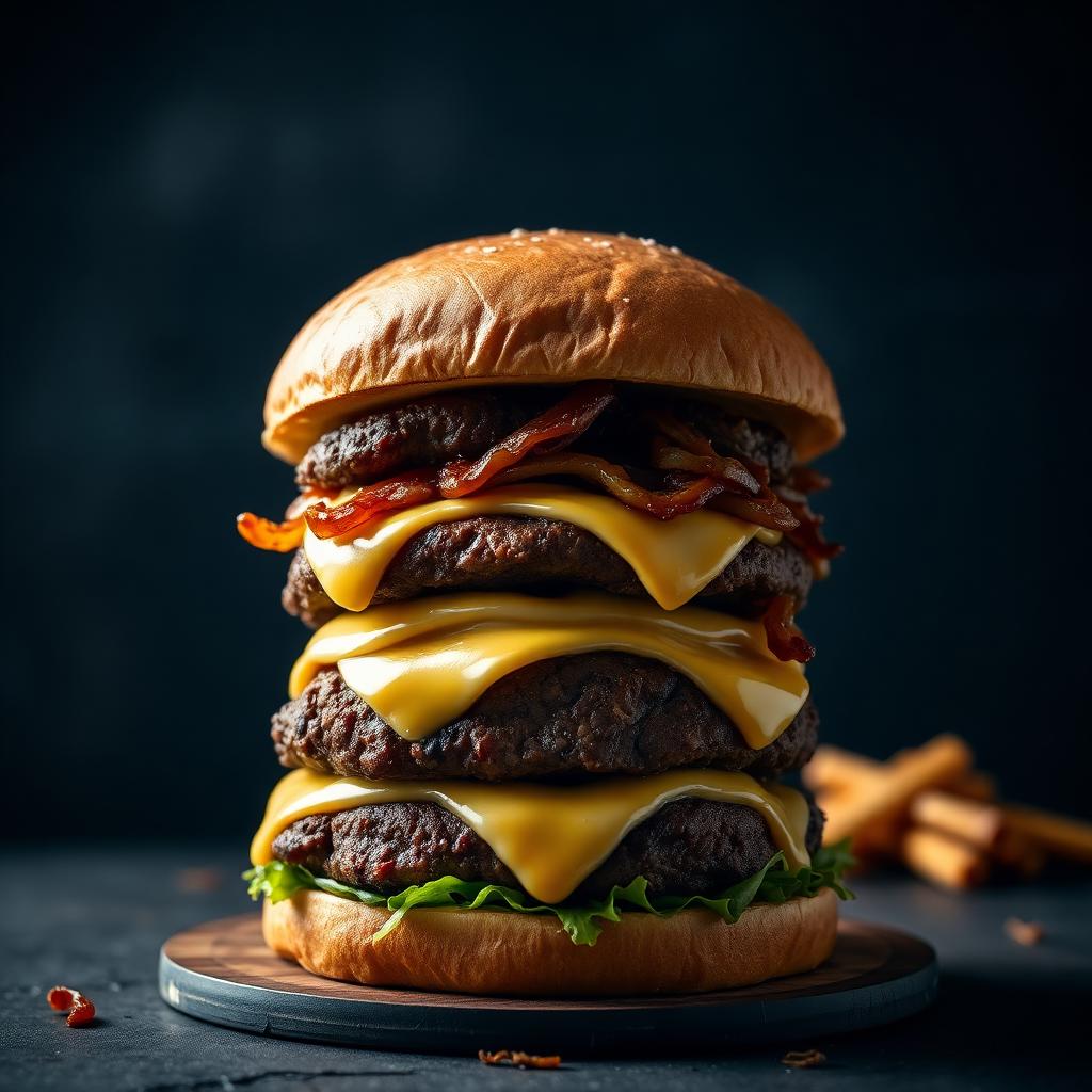 The Chicago Tower burger stacked high with beef patties, cheese and turkey rashers